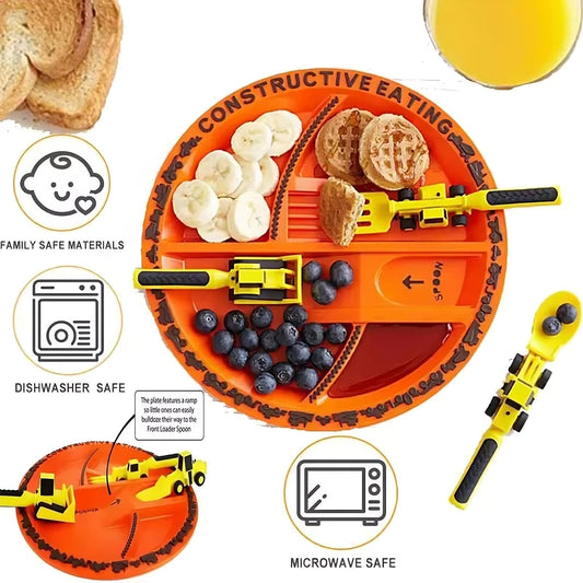 Set de Vajilla Infantil Vehículos de Construcción – Plato y Cubiertos para Niños