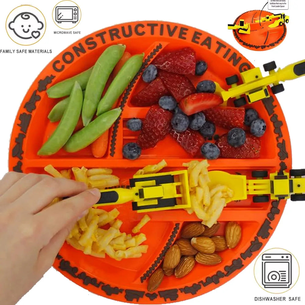 Set de Vajilla Infantil Vehículos de Construcción – Plato y Cubiertos para Niños